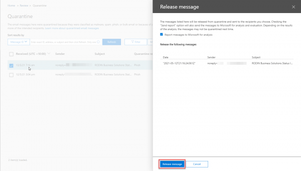 Releasing an email from Microsoft 365 Quarantine RODIN