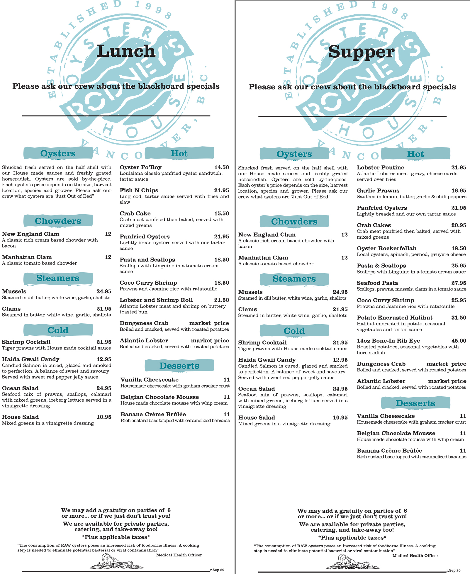 Our Menus Rodney's Oyster House