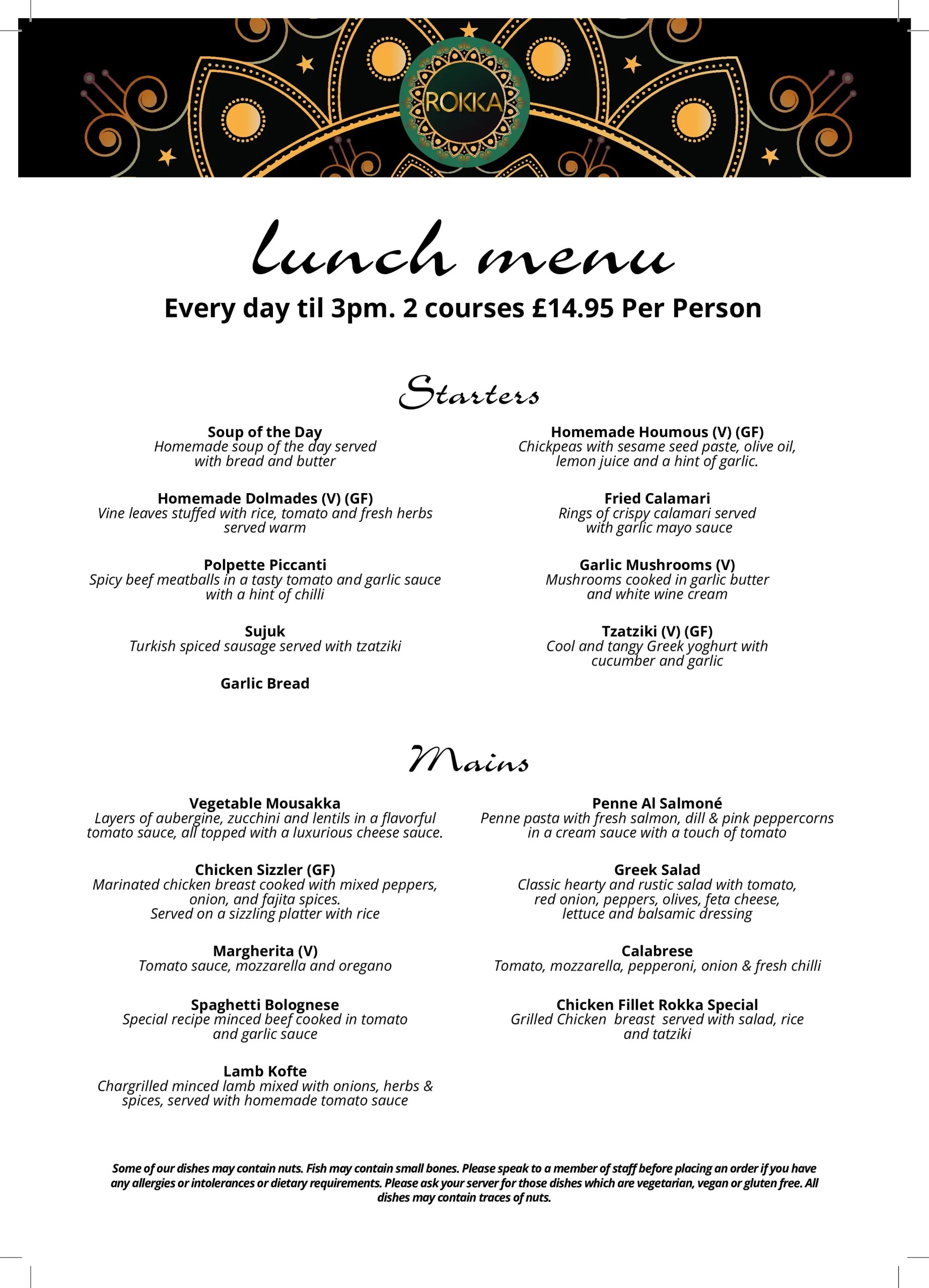 Lunch Menu Rokka Cocktail Bar & Grill