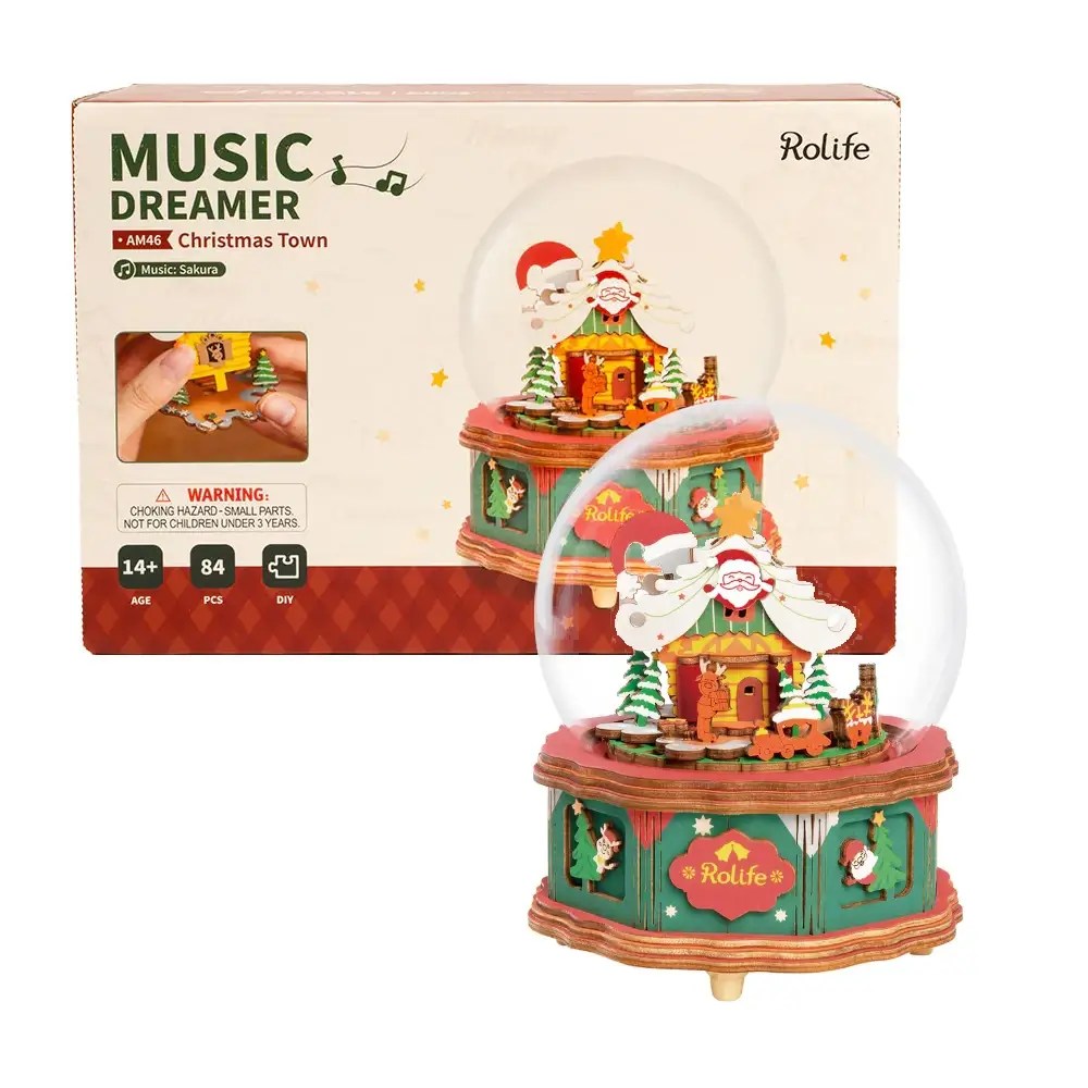 Rolife Christmas Town Snow Ball Music Box 3D Wooden Puzzles