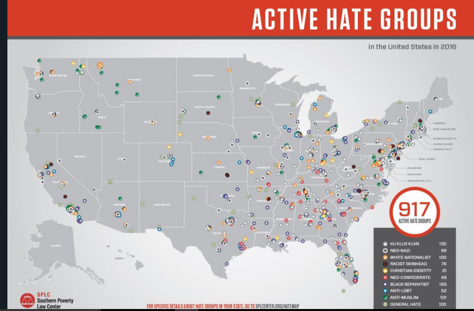 Active Hate Groups In The United States Map Rising tide of active hate groups in America under Trump at 900+
