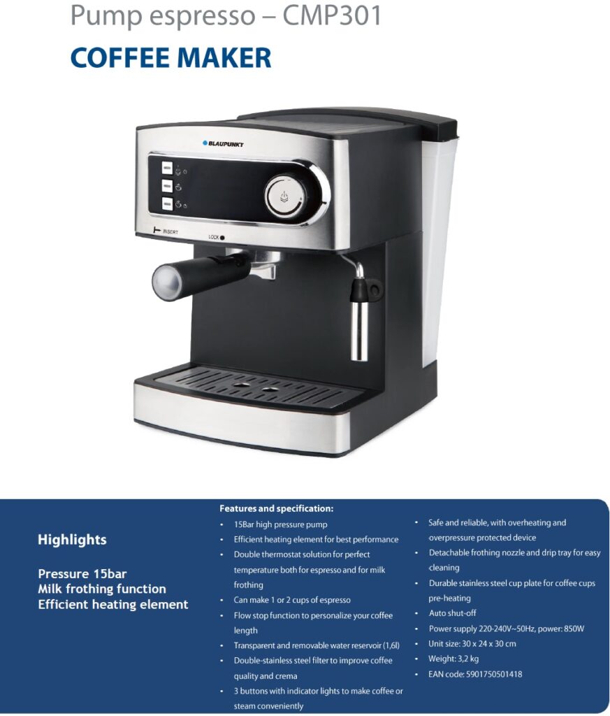 BLAUPUNKT Coffee Espresso Maker CMP301 ROMICO