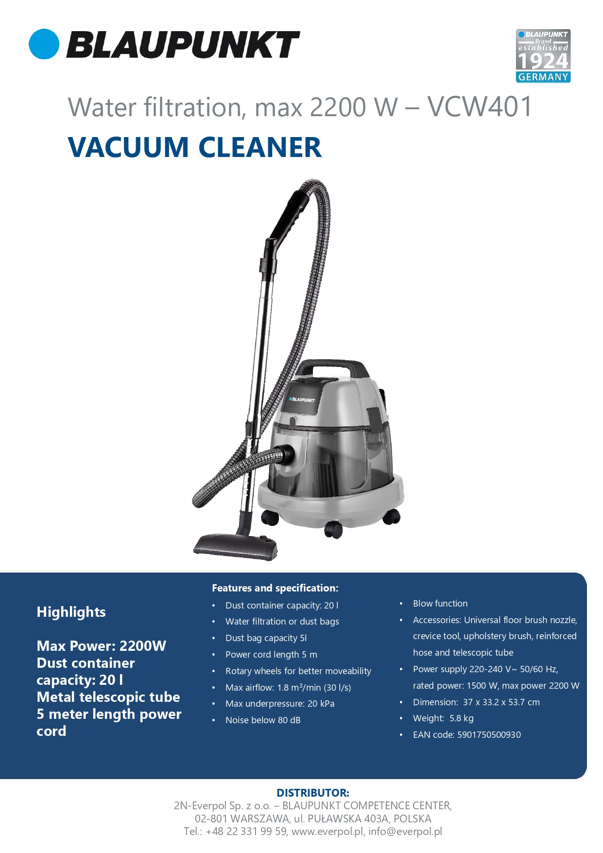 BLAUPUNKT Vacuum cleaner with water filtration VCW401 ROMICO