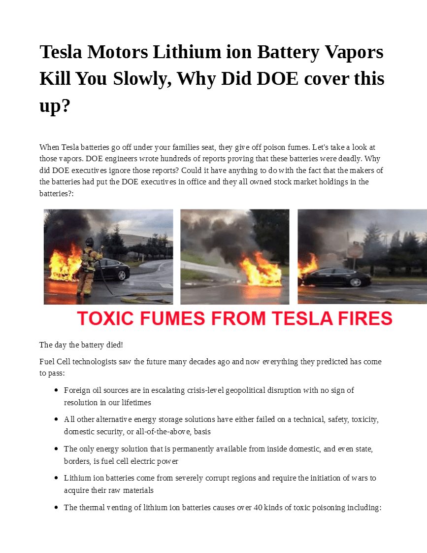 Tesla Motors Lithium Ion Battery Vapors Kill you Slowly, WHy Did DOE