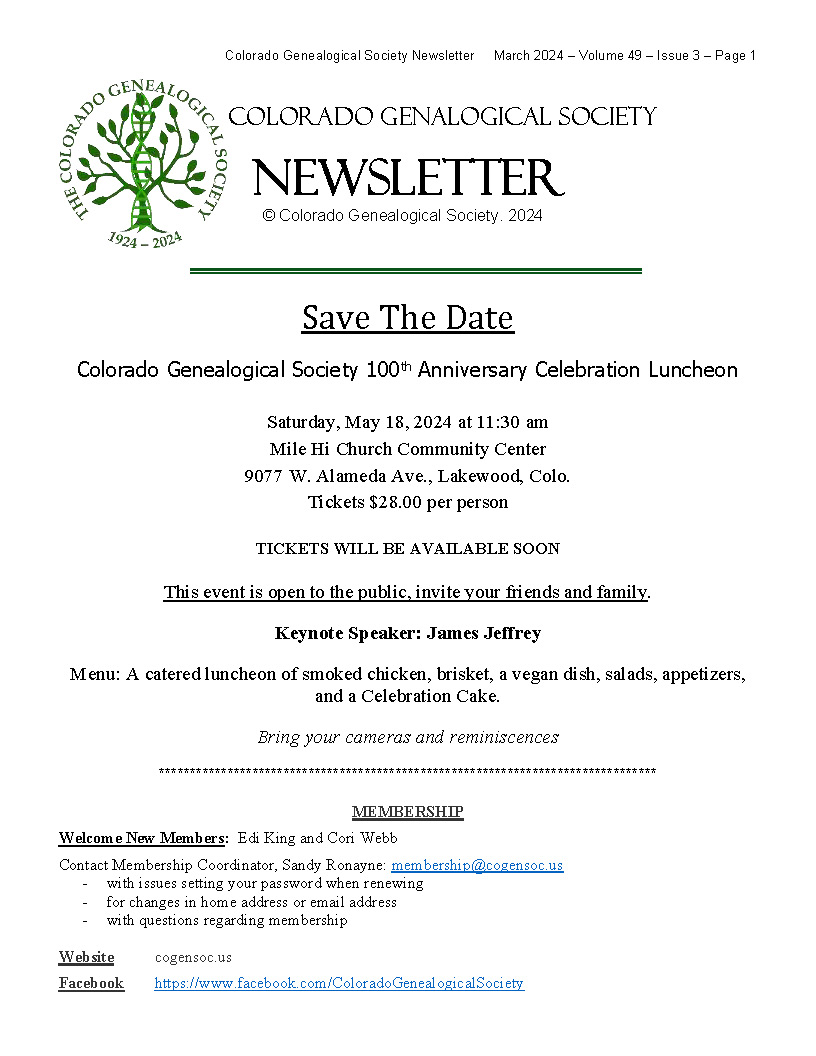 CGS Newsletter The Colorado Genealogical Society