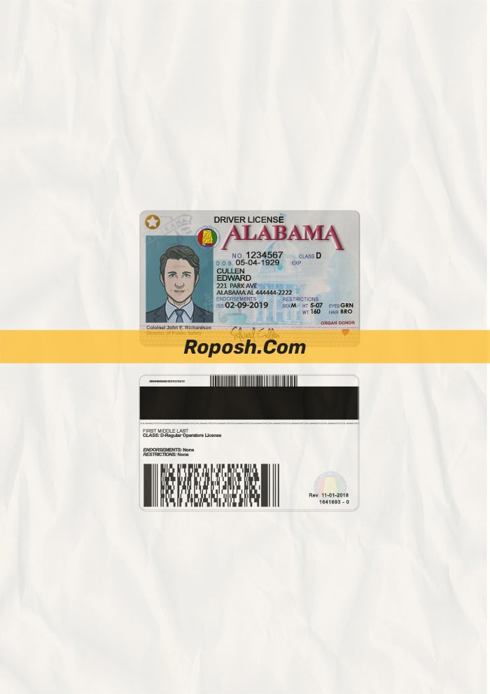 Alabama driver license psd template roposh