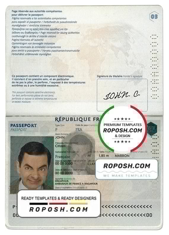 France passport template in PSD format, fully editable roposh