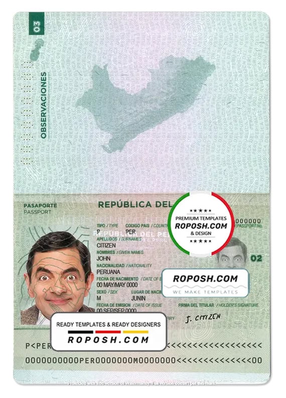 Peru passport template in PSD format, fully editable roposh