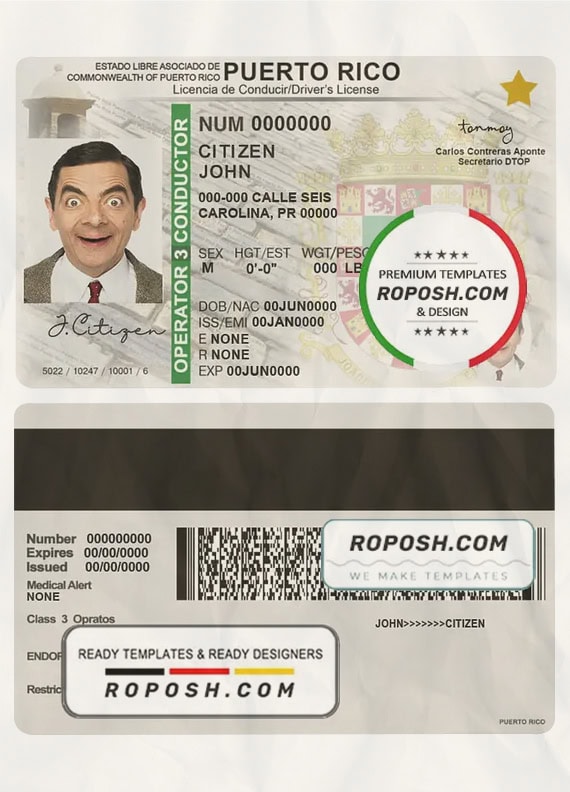 Puerto Rico driving license template in PSD format, fully editable roposh