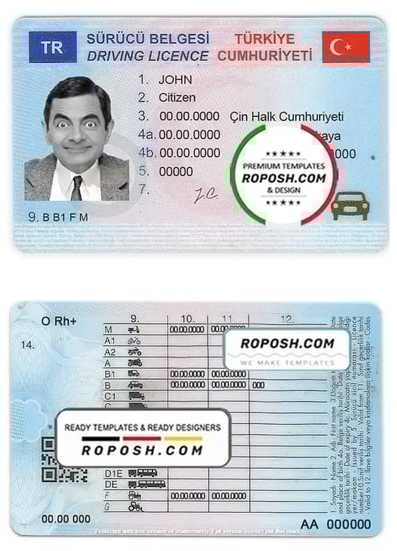 Turkey driving license template in PSD format, fully editable roposh