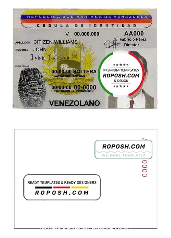 Venezuela ID template in PSD format, fully editable, with all fonts roposh
