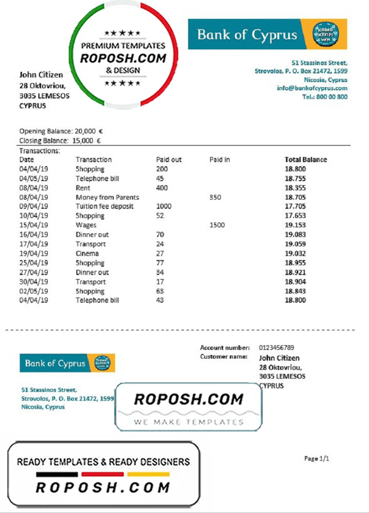 Cyprus Bank of Cyprus proof of address bank statement template in Word
