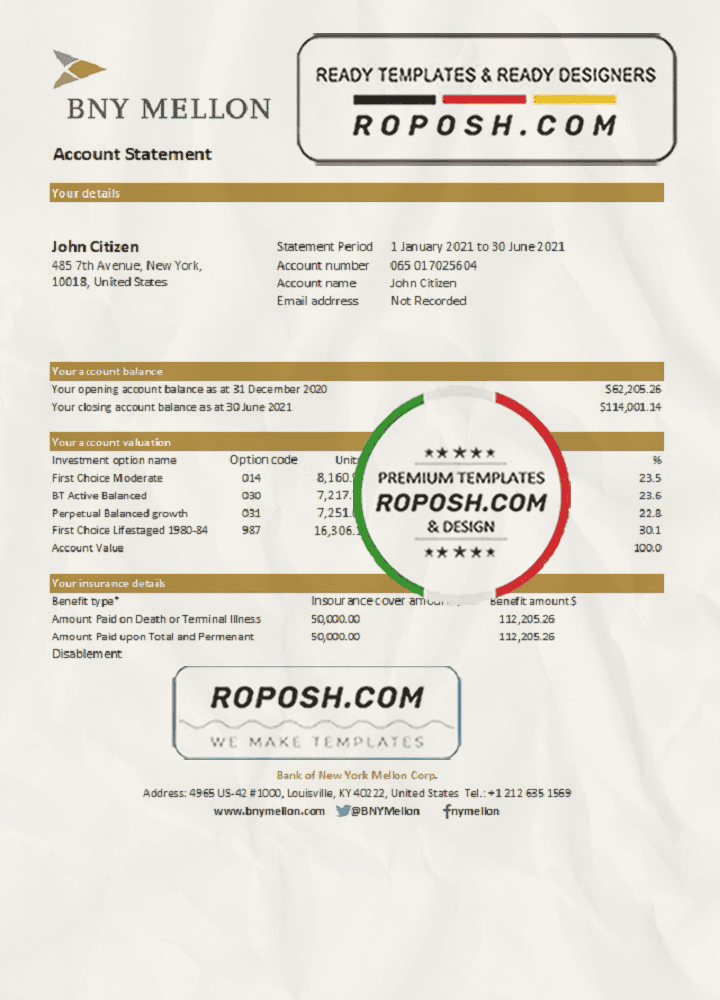 USA Bank of New York Mellon bank statement easy to fill template in