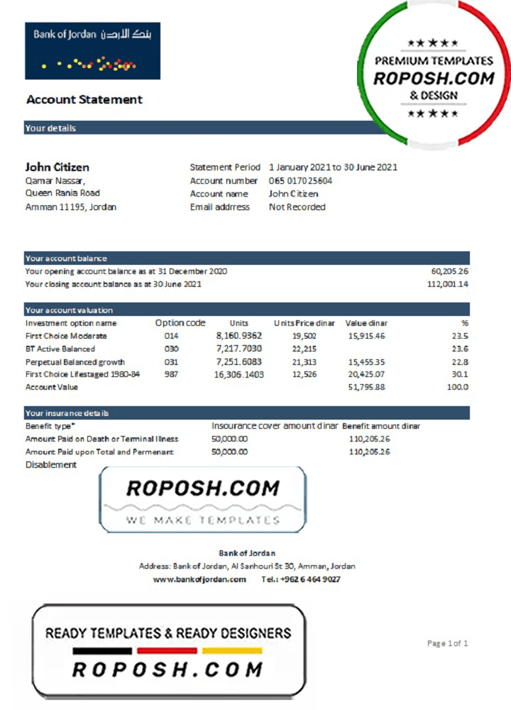 Jordan Bank of Jordan bank statement easy to fill template in .xls and