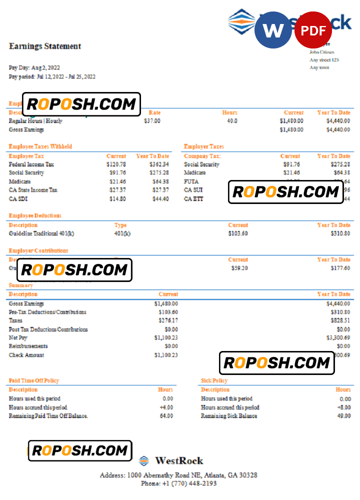 USA WestRock packaging company pay stub Word and PDF template roposh