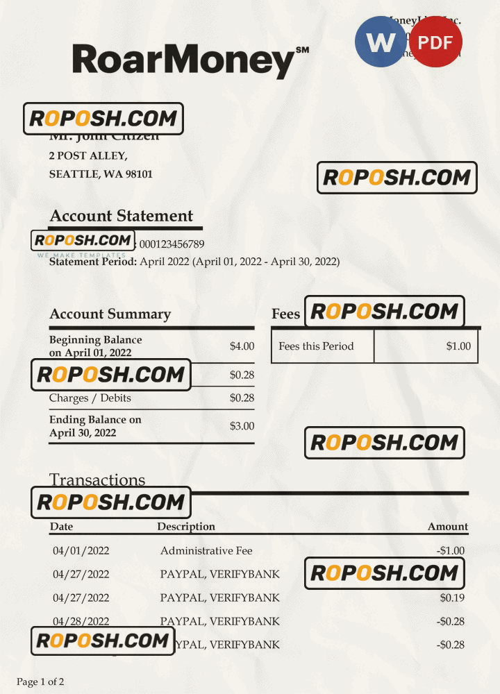 USA Moneylion bank statement Word and PDF template, 2 pages roposh