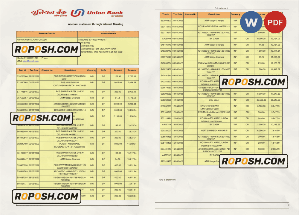India Union Bank of India bank statement Word and PDF template, 2 pages