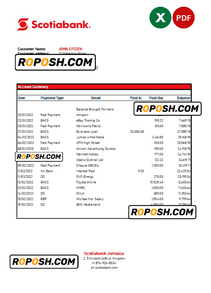 Jamaica Scotiabank bank statement Excel and PDF template roposh