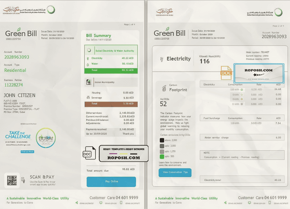 United Arab Emirates Dubai Electricity & Water Authority utility bill