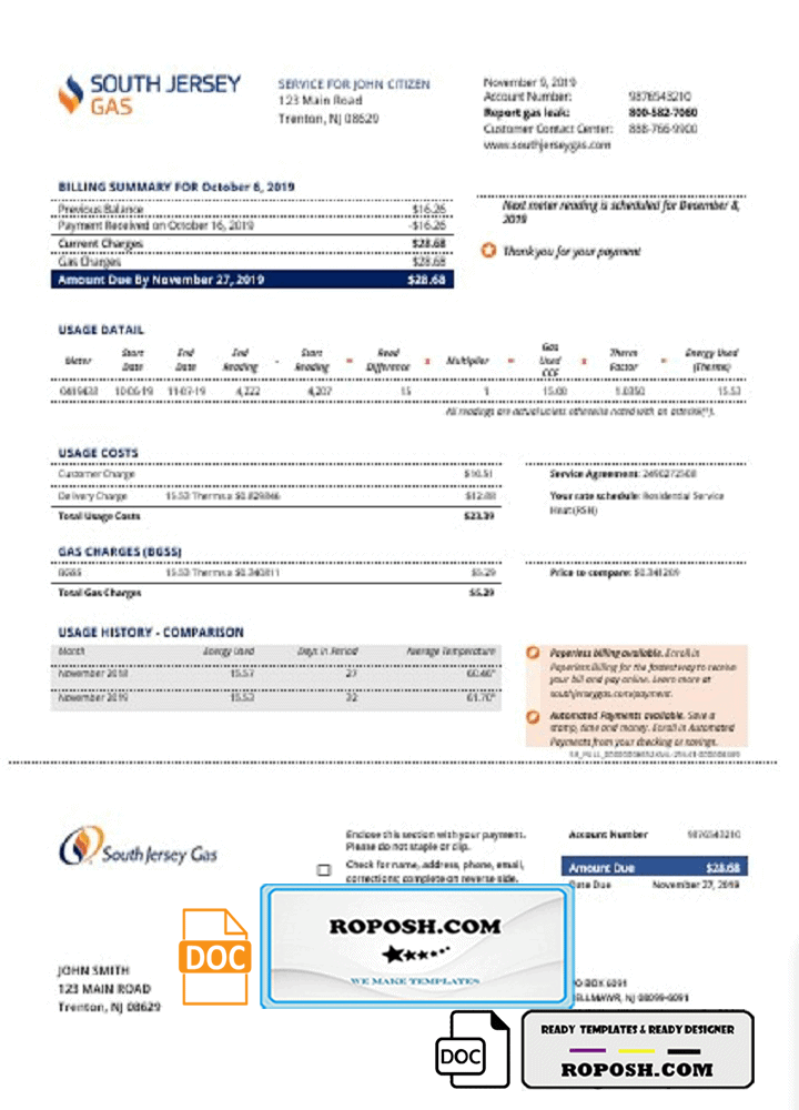 USA New Jersey gas utility bill template in Word and PDF format (.doc