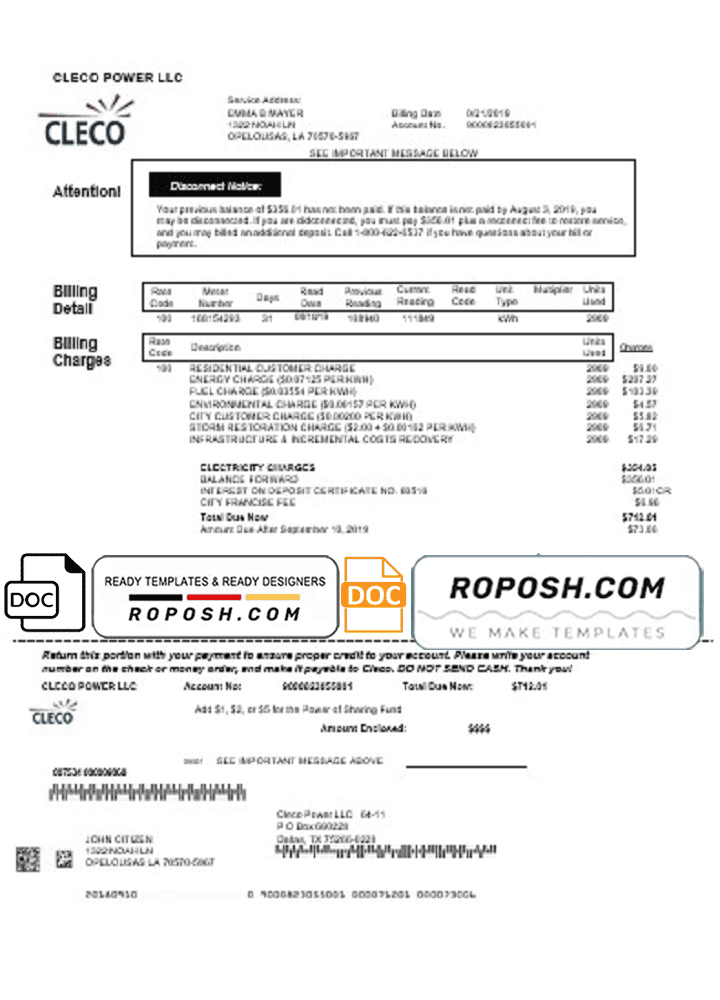 USA Louisiana Cleco Power electricity utility bill template in Word and