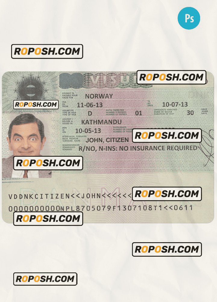 DENMARK entrance visa PSD template, with fonts roposh
