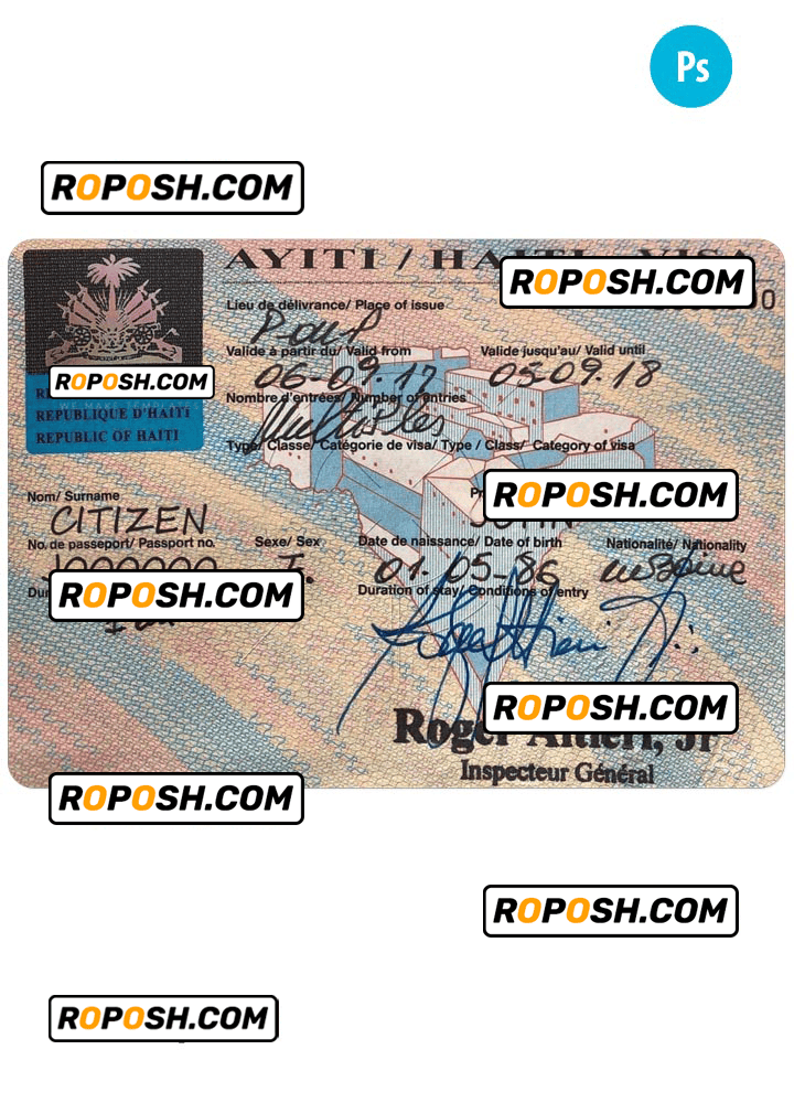 HAITI travel visa PSD template, with fonts roposh