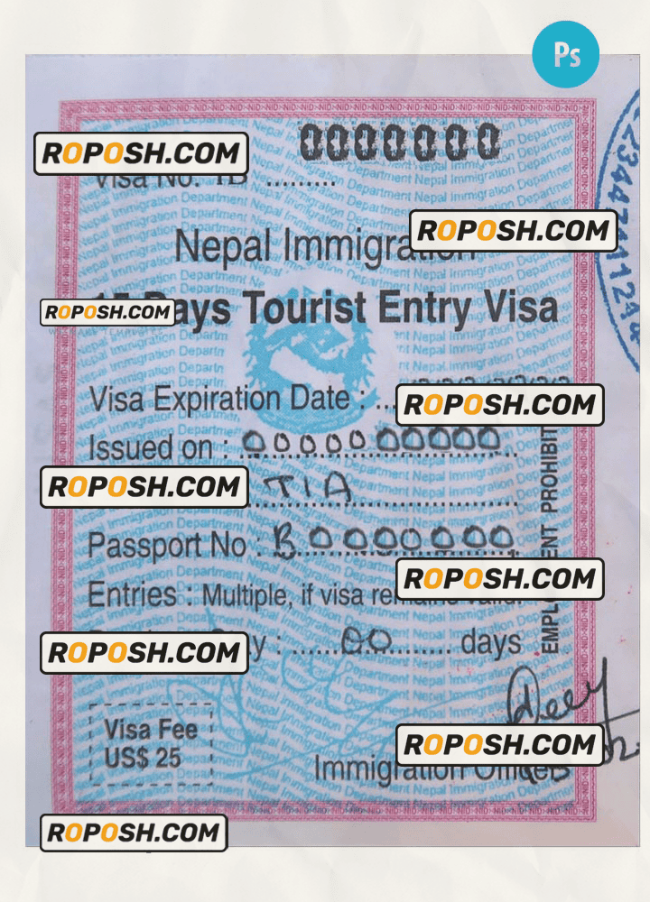 NEPAL tourist entry visa PSD template, with fonts roposh