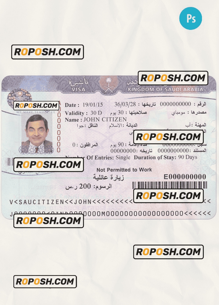 SAUDI ARABIA tourist visa PSD template, fully editable, version 2 roposh