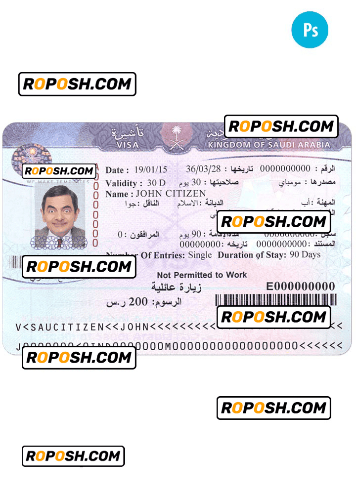 SAUDI ARABIA tourist visa PSD template, fully editable, version 2 roposh