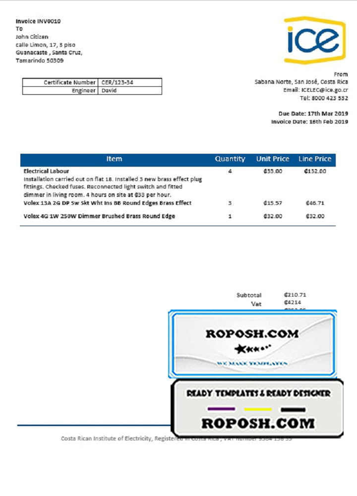 Costa Rica Costa Rican Institute of Electricity utility bill template