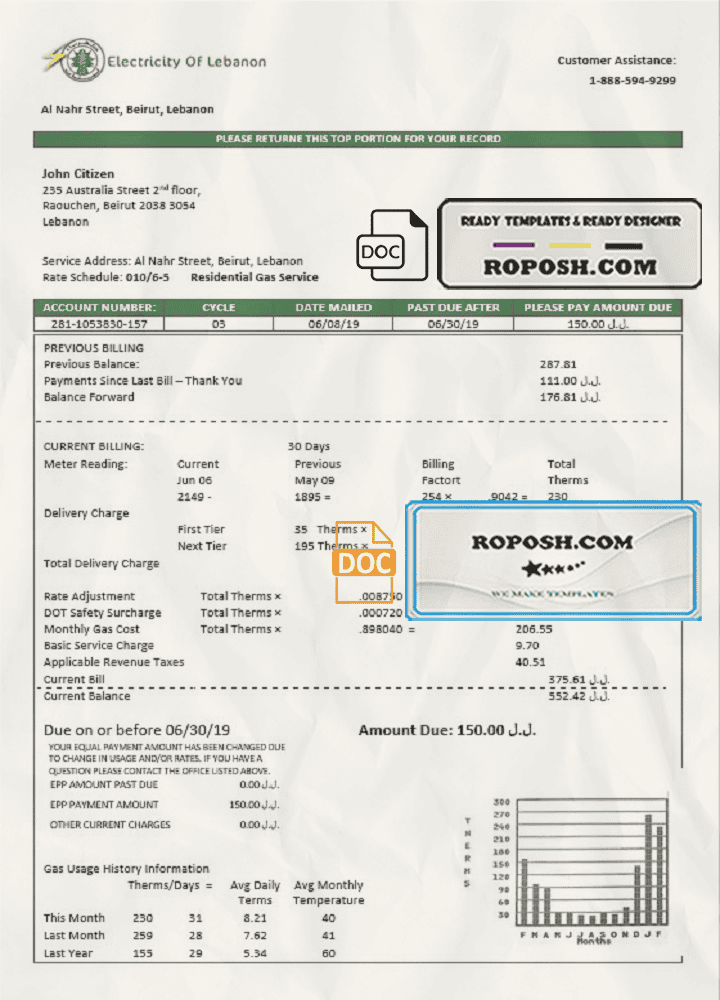 Lebanon Electricity of Lebanon utility bill template in Word and PDF