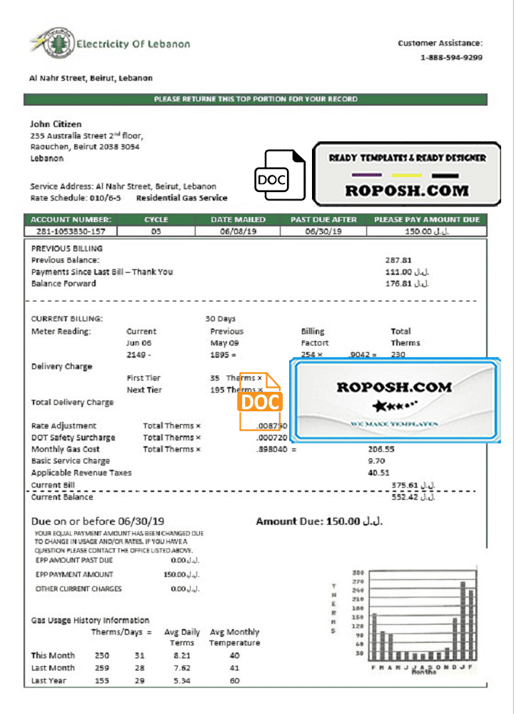 Lebanon Electricity of Lebanon utility bill template in Word and PDF format roposh