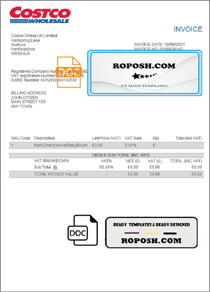 USA Costco invoice template in Word and PDF format, fully editable roposh