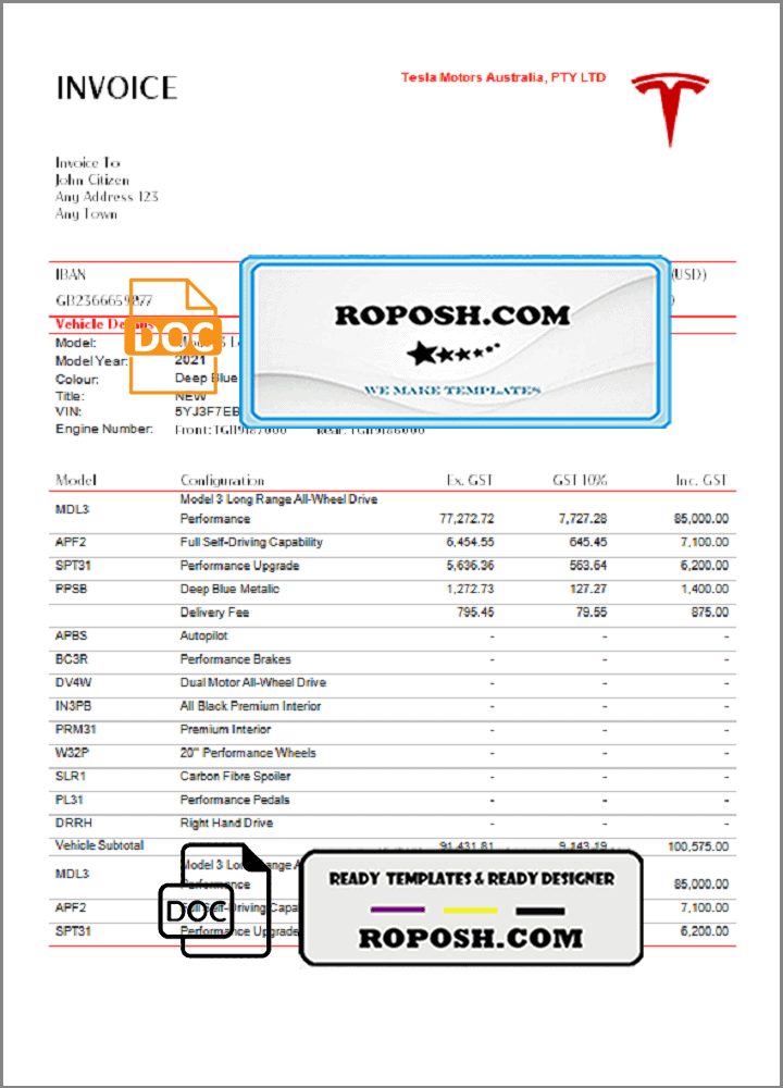 USA Tesla invoice template in Word and PDF format, fully editable roposh