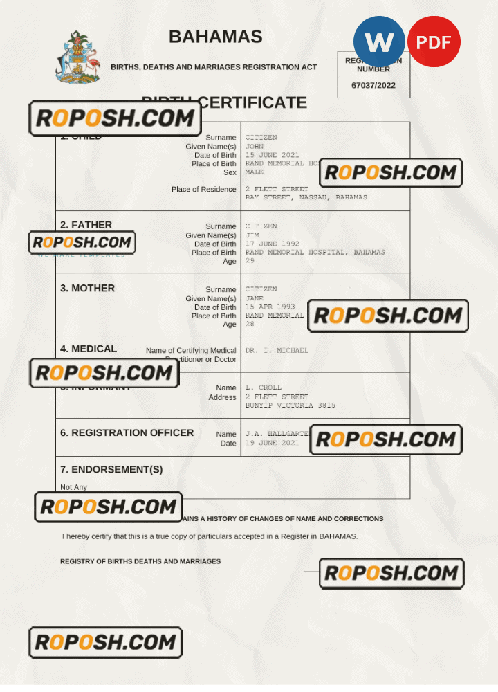 Bahamas vital record birth certificate Word and PDF template
