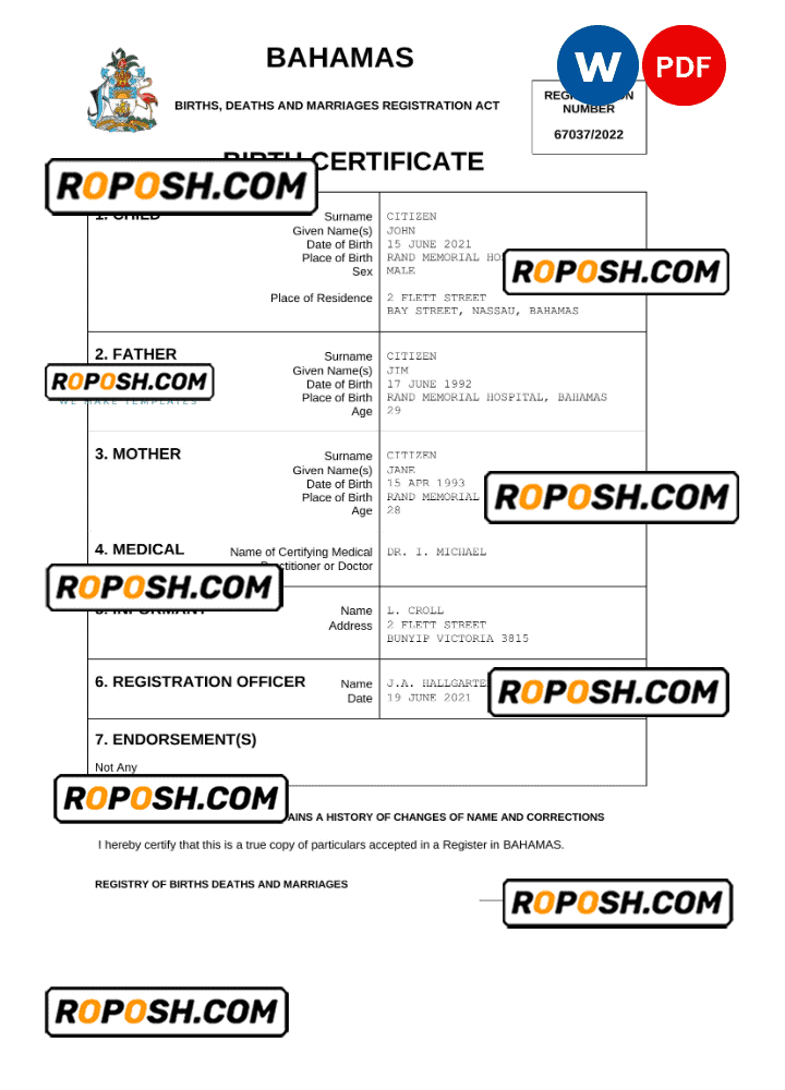 Bahamas vital record birth certificate Word and PDF template