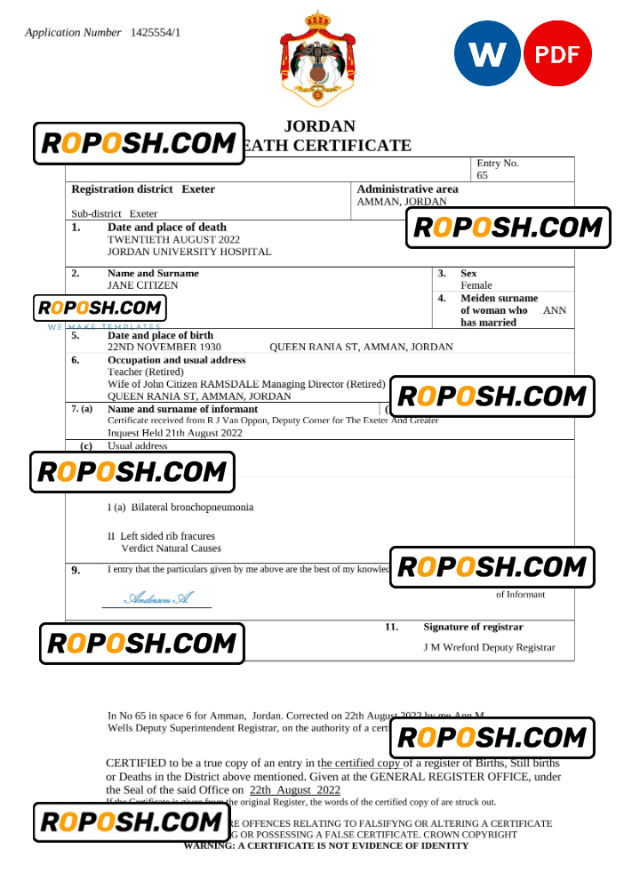 Jordan vital record death certificate Word and PDF template roposh