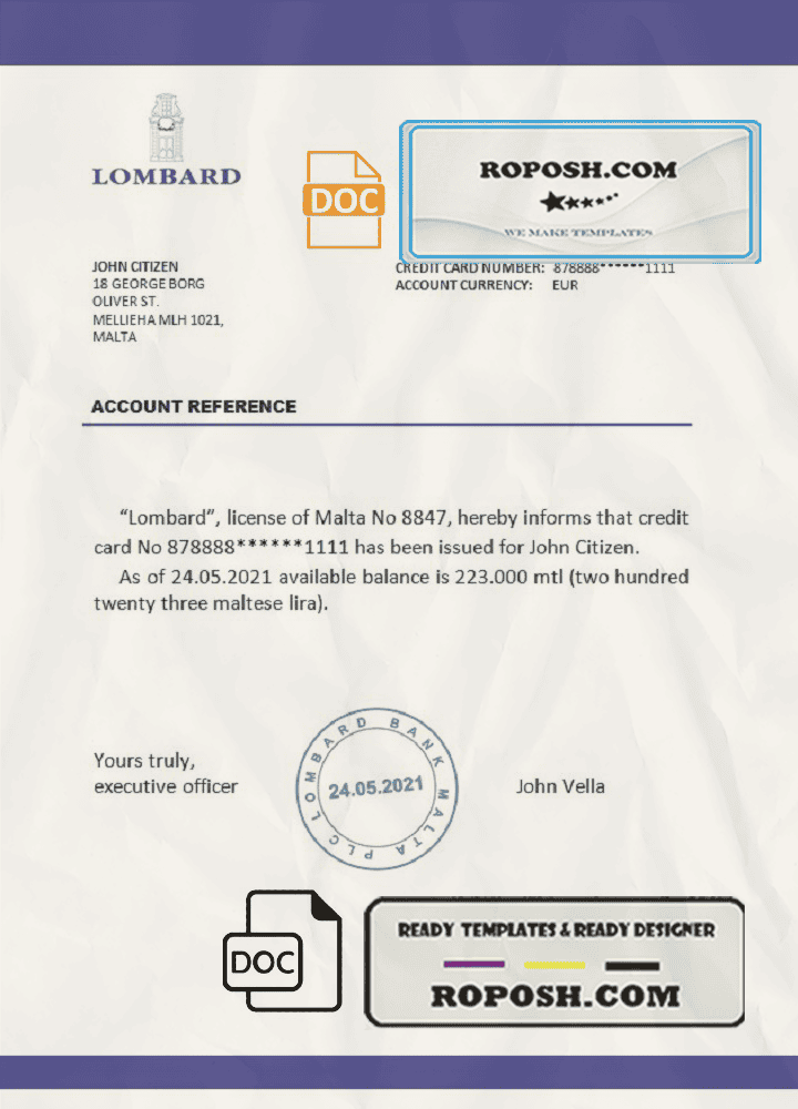 Malta Lombard bank reference letter template in Word and PDF format