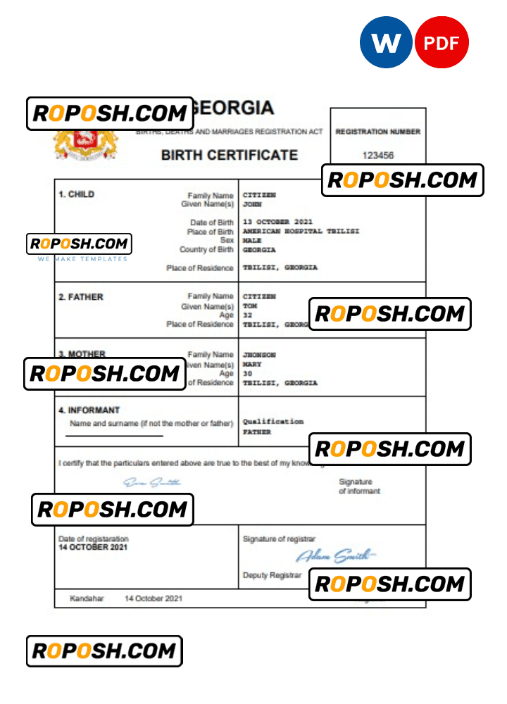 vital record birth certificate Word and PDF template