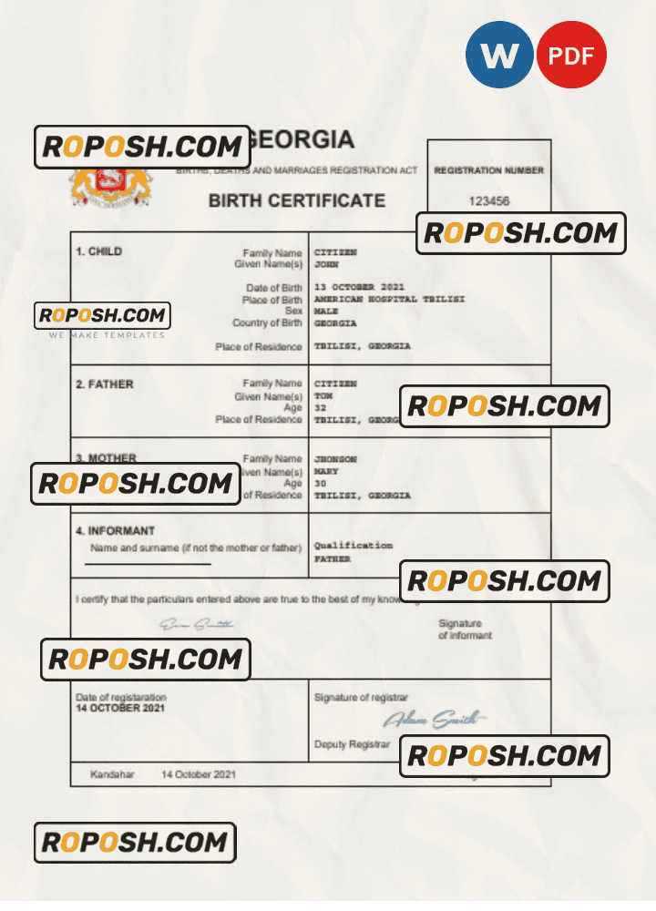 vital record birth certificate Word and PDF template, completely editable roposh
