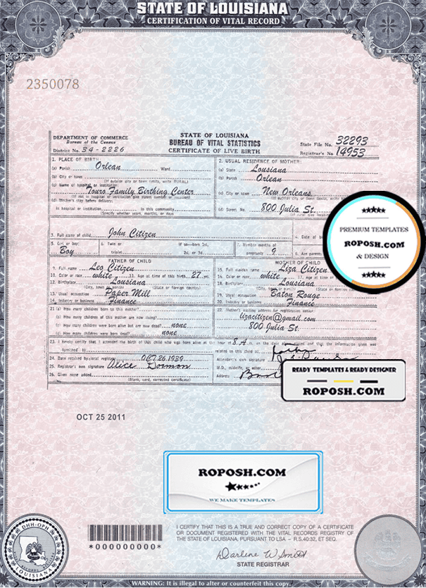 USA Louisiana state birth certificate template in PSD format, fully