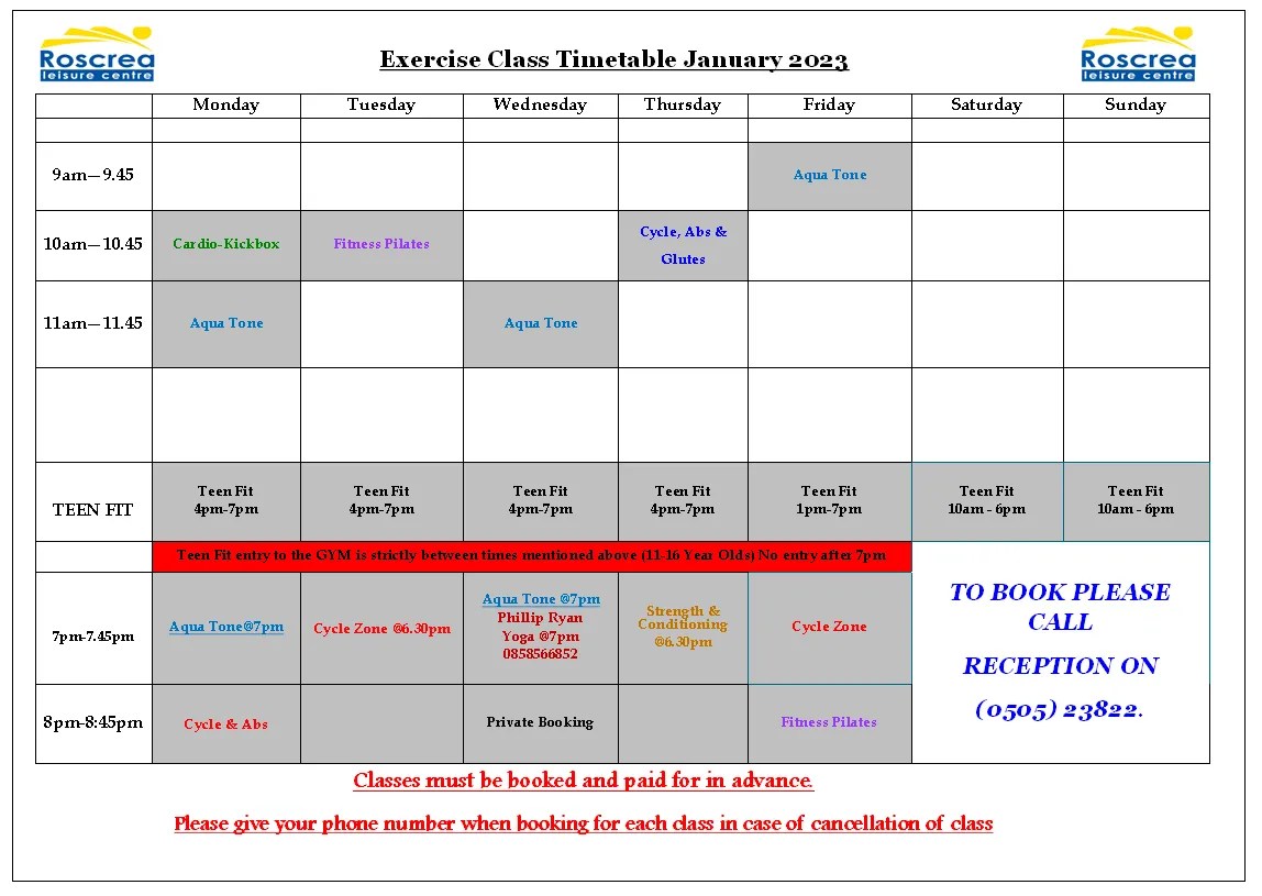 January class timetable Roscrea Leisure Centre