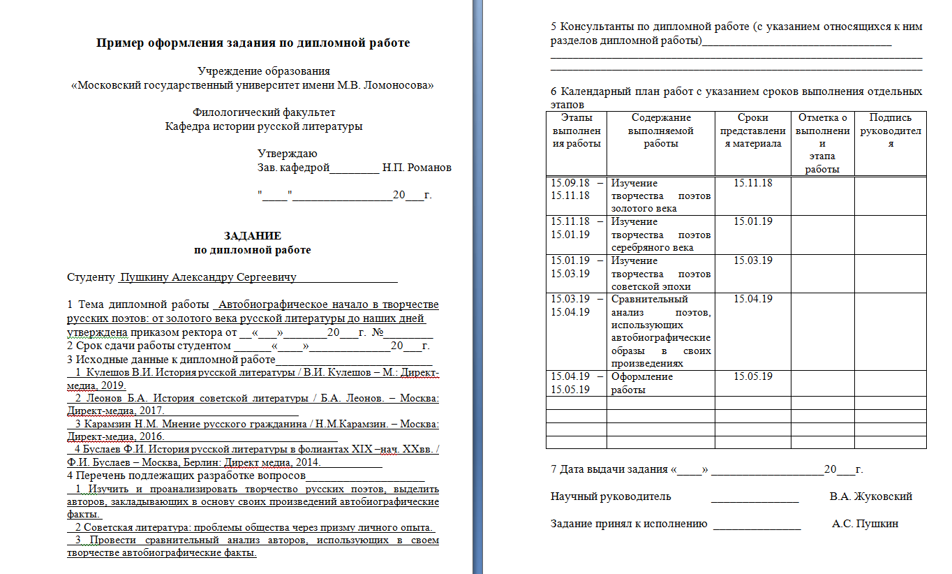 Задание на дипломную работу Пример заполнения, особенности оформления