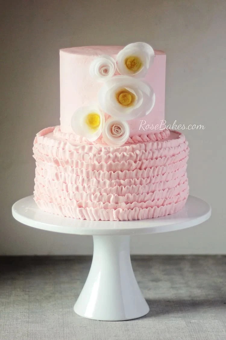 Pink Buttercream Ruffles & Wafer Paper Flowers Baby Shower Cake Rose