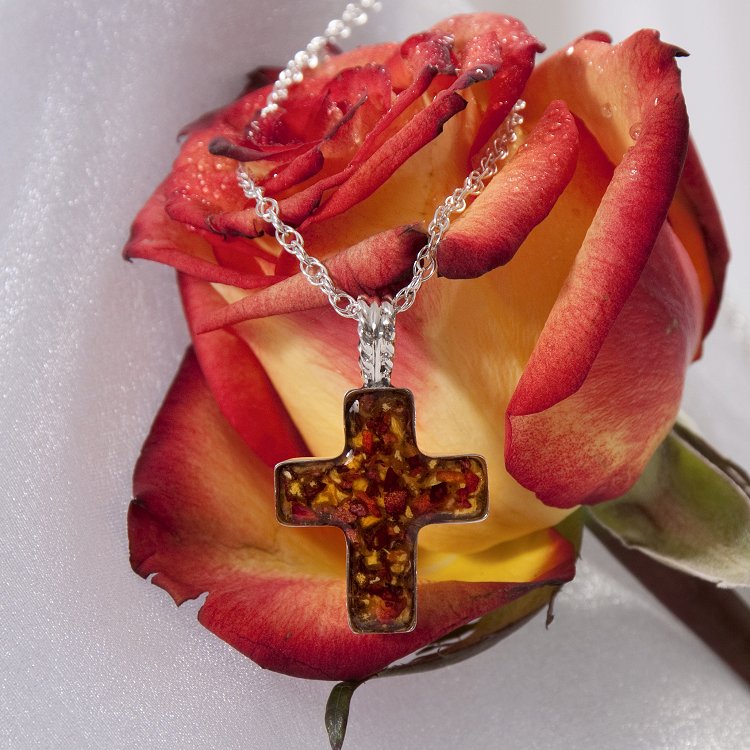"Flowers In Glass" Sterling Silver Cross Necklace Rose Keepsakes