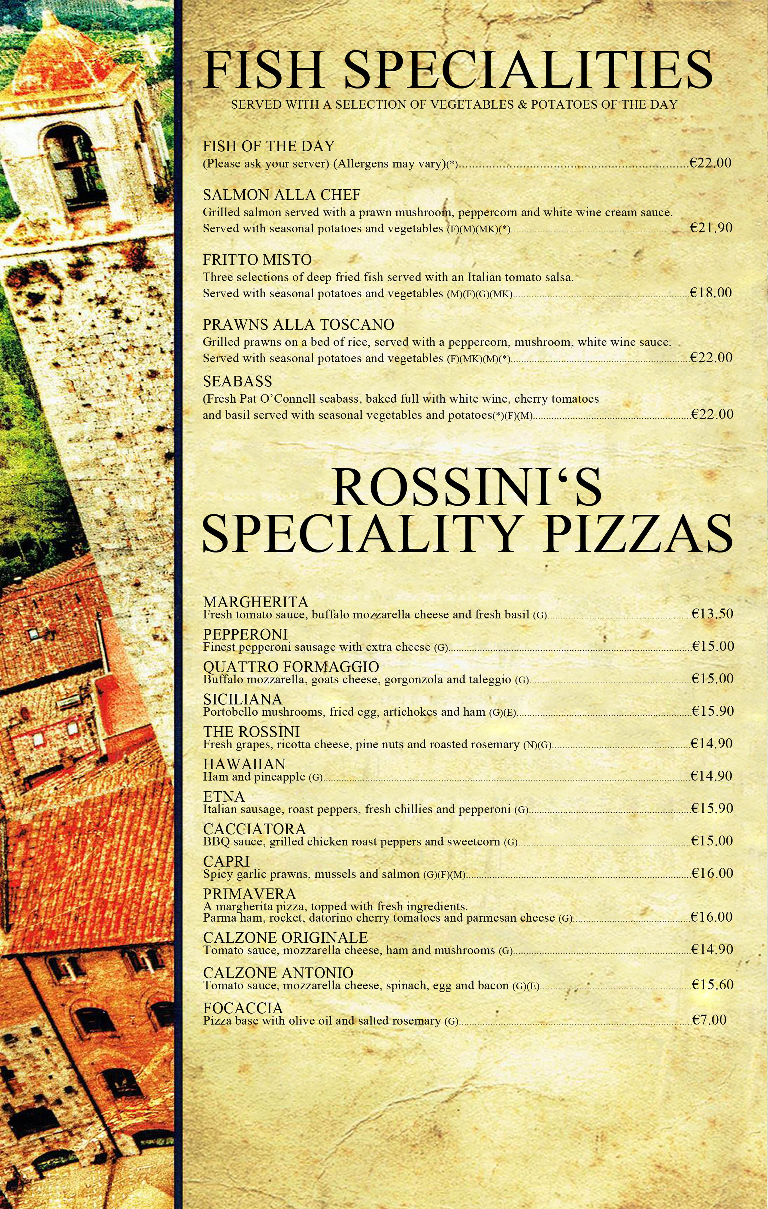Our Menu Italian Restaurant Cork Ristorante Rossini