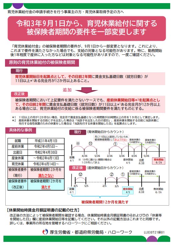 令和3年9月1日から、育児休業給付に関する被保険者期間の要件を一部変更します 労務ドットコム