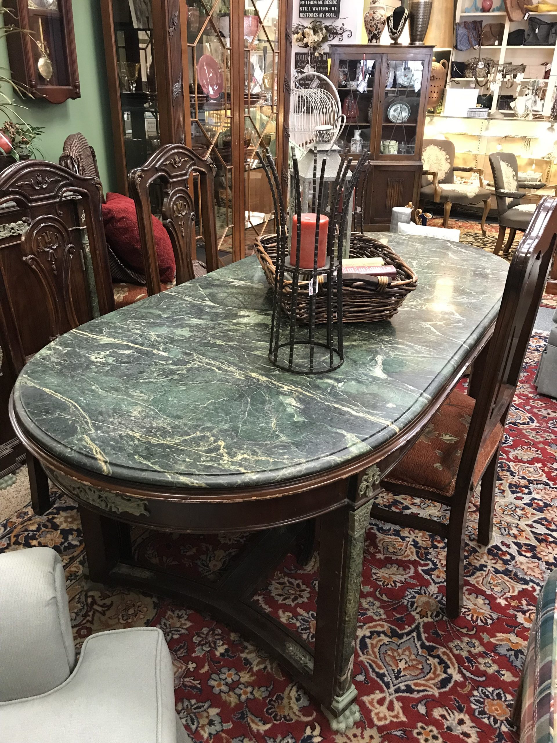 Antique green marble Top Dining Table, 4 Chairs 1250 Consignment Furnishings in Tulsa, OK