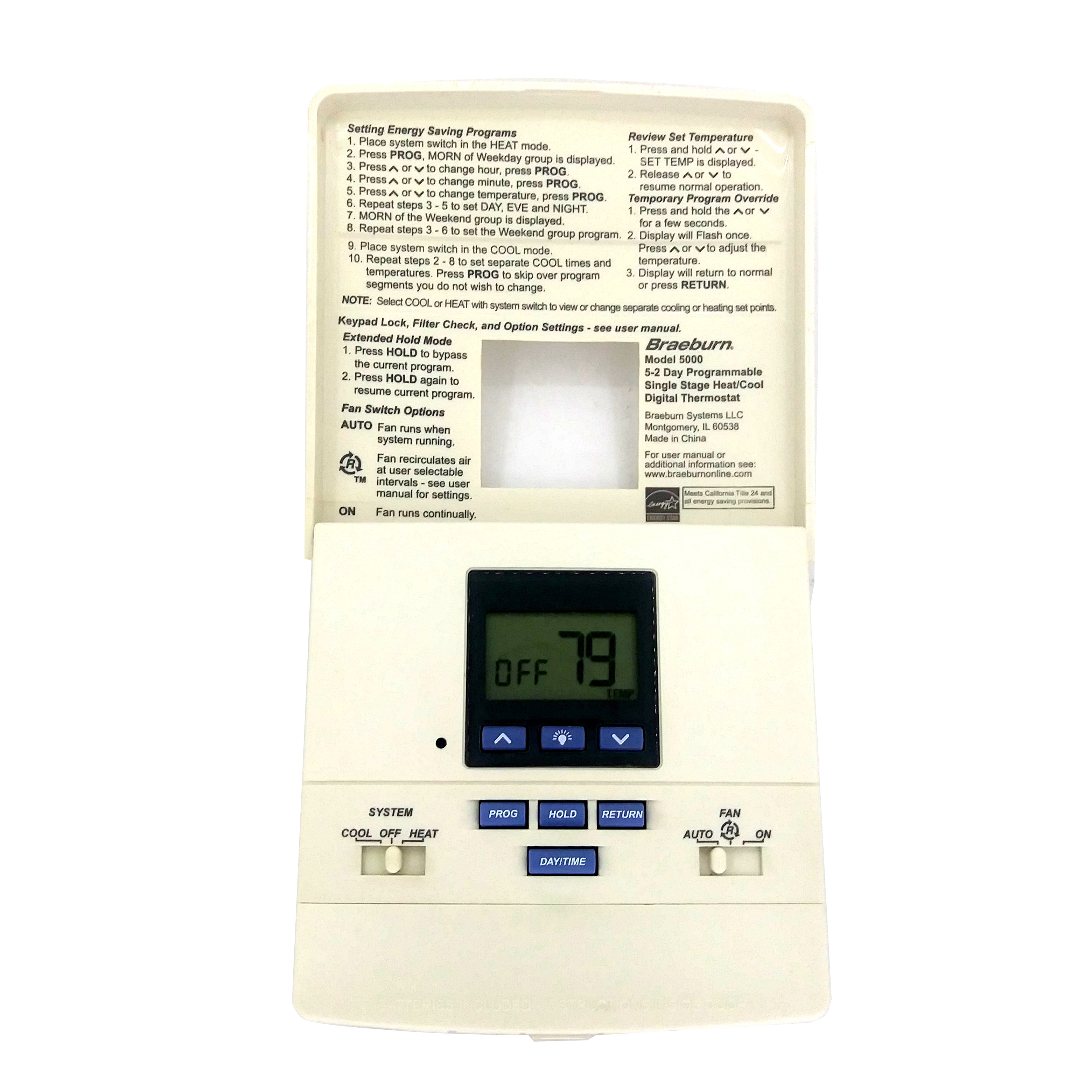 Braeburn 5000 Digital Thermostat 52 Day Programmable Single Stage Heat